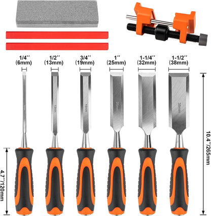 10Pcs Wood Chisel Sets, 6Pcs Premium Wood Chisels with Honing Guide, Sharpening Stone & Carpenter Pencils, Wood Carving Tools Kit for DIY & Professional Use (6-38mm)