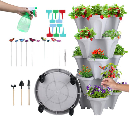 DUNCHATY Stackable Planter, Vertical Strawberry Planter with Garen Tool Set, Self Watering Garden Planter Indoor/Outdoor 5 Tier Herb Planter Pots for Growing Vegetables and Succulents, Gray