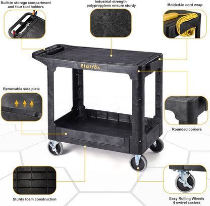 ELAFROS Heavy Duty Plastic Utility Cart, 37 x 18.8 in, Flat Top, Swivel Wheels, 550 lbs Capacity, Black