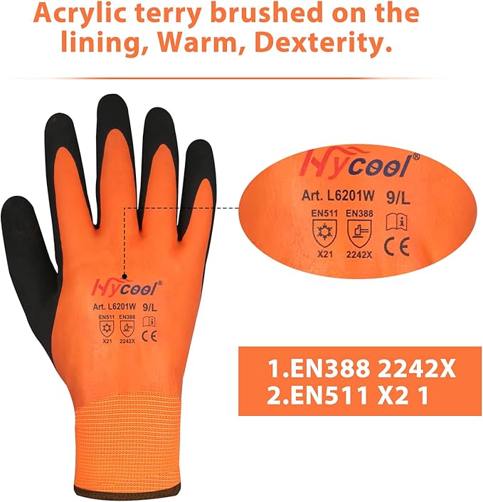 Waterproof Work Gloves for Men and Women, Hycool Thermal Insulated Freezer Rubber Coated Gloves,Super Grip L6201