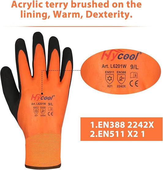 Waterproof Work Gloves for Men and Women, Hycool Thermal Insulated Freezer Rubber Coated Gloves,Super Grip L6201