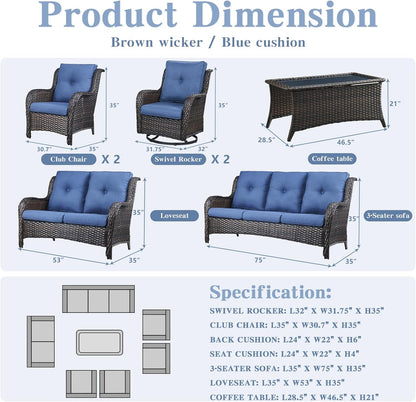 Outdoor Wicker Furniture Patio Set - 7 Piece Backyard Furniture Brown Rattan Conversation Sets with Swivel Rocker Chairs, Rattan Sofa, Club Chairs and Coffee Table, Blue Cushion