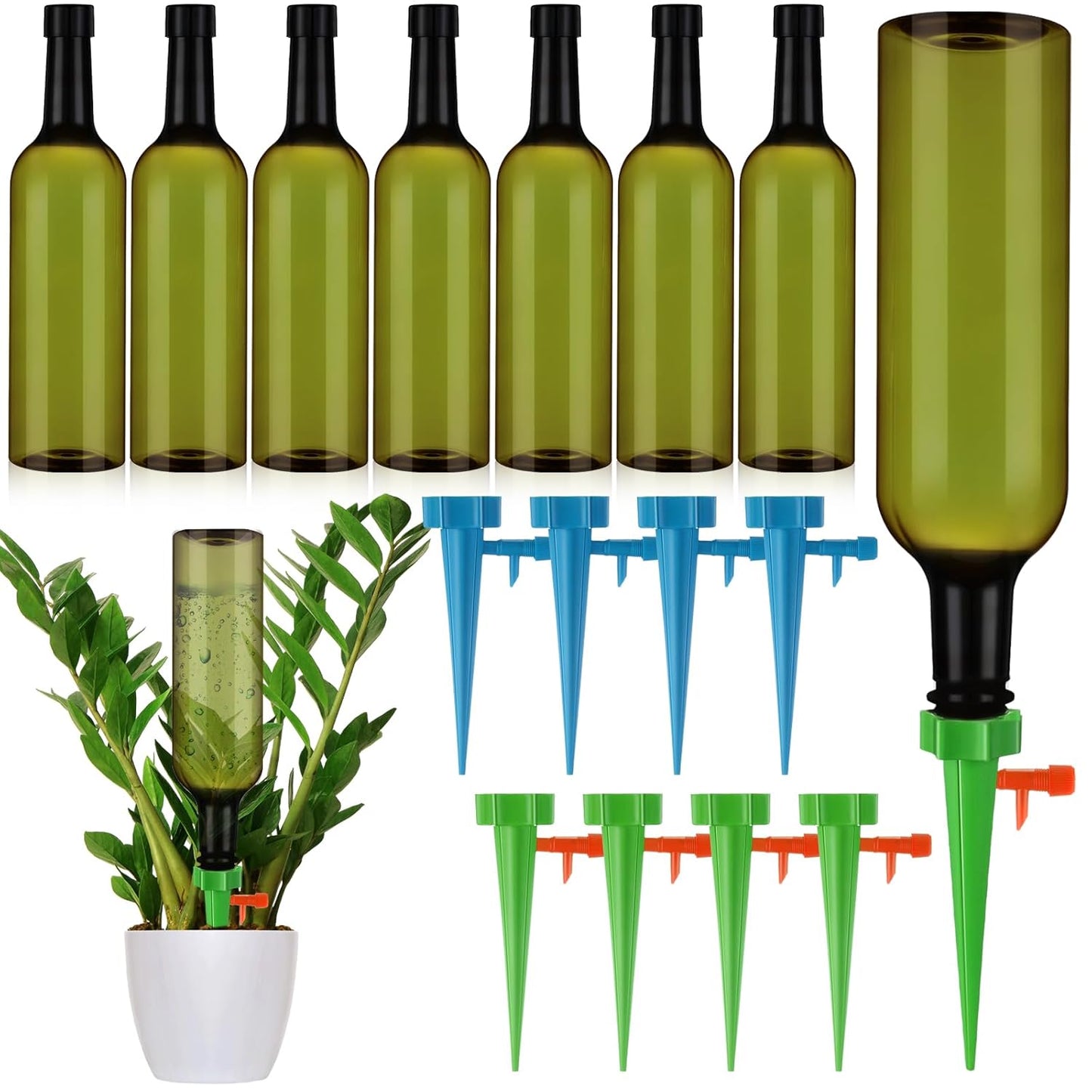 8 Set Plant Watering Devices with Self Watering Spikes and 26 oz Plastic Bottles Plant Waterer Devices with Adjustable Control Valve Switch Indoor Outdoor (Green)