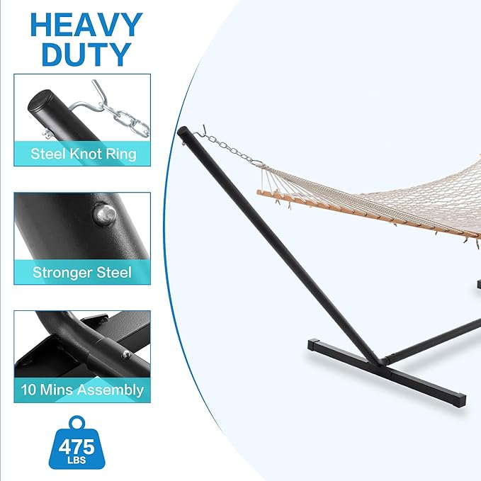 PNAEUT Double Hammock with Stand for Outside, Rope Hammocks with Polyester Pad 2 Person, 12ft Heavy Duty Stand, Extra Pillow, Storage Sidebag, Max 475 lbs Capacity (Lake)