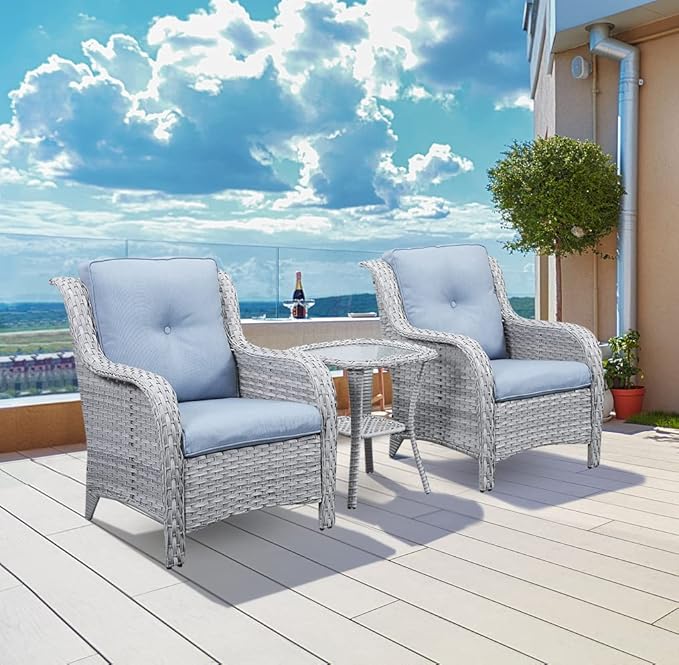 Rilyson Patio Bistro Set Wicker Chairs - 3 Piece Outdoor Rattan Conversation Set with 2 Armrest Chair and 1 Side Table for Proch Deck Garden Backyard Balcony(Light Grey/Sky Blue)