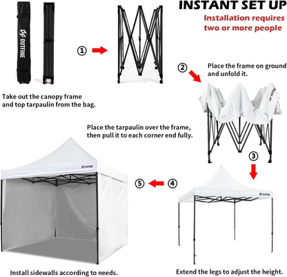 OUTFINE Heavy Duty Canopy 10x10 Pop Up Commercial Canopy Tent with 3 Side Walls Instant Shade, Bonus Upgrade Roller Bag, 4 Weight Bags, Stakes and Ropes (White, 10 * 10FT)