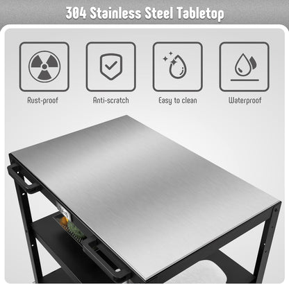 36''x 24'' Large Movable Pizza Oven Table for Outdoor, 304 Stainless Steel Grill Cart with Wheels, 3-Shelf Outdoor Kitchen Prep Table Pizza Oven Stand on Wheels for Pizza Oven& Griddle