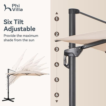 PHI VILLA 9'x 12' Patio Umbrella with Easy-Using Handle, 360° Rotation & 6-Level Tilt , Cantilever Aluminum Rectangle Outdoor Offset Umbrella for Deck, Pool, Garden Windproof & Crashproof (Beige, No Base)