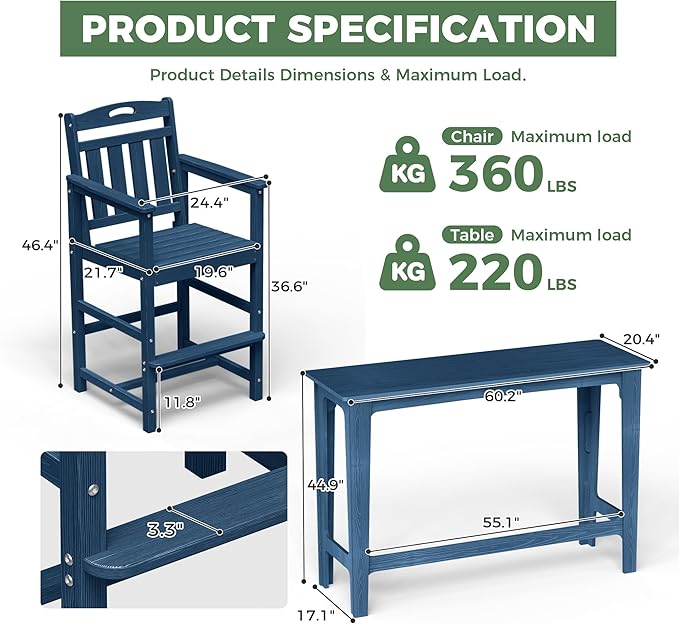 HDPE Outdoor Patio Bar Set with High Top Table and 2 Adirondack Chairs, All-Weather Bar Height Outside Rectangular Pub Furniture for Bistro, Garden, Backyard, Deck | 3-Pieces, Navy Blue