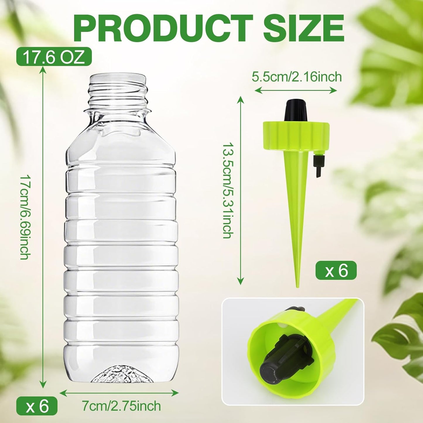 6 Set Self Watering Planter Insert Spikes, Indoor Plant Watering Devices 6pcs Slow Release Auto Vacation Plant Waterer Stakes 6pcs 20oz Plastic Bottles with Adjustable Valve Switch Control for Garden