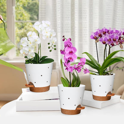 Orchid Pots with Holes, 6 Inch Self Watering Orchid Pot 2 Pack Plastic Plant Pots for Orchid, Flower (White+Brown)