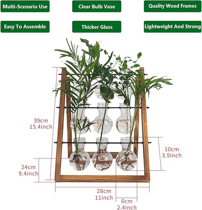 Plant Propagation Station Traveler's Glass Tabletop Planter with Vintage Wooden Stand 3 Bulb Vase for Hydroponic Plants Indoor Office Desktop Home Decor, Plant Stand (9 Bulbs)