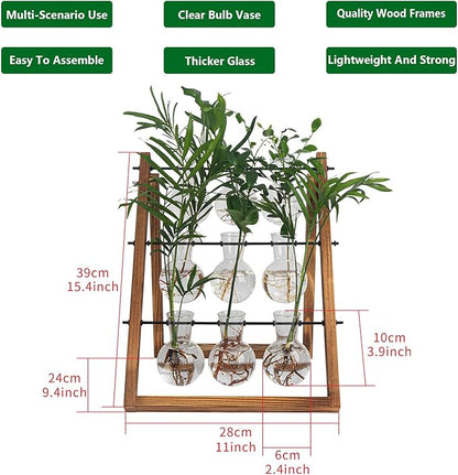 Plant Propagation Station Traveler's Glass Tabletop Planter with Vintage Wooden Stand 3 Bulb Vase for Hydroponic Plants Indoor Office Desktop Home Decor, Plant Stand (9 Bulbs)