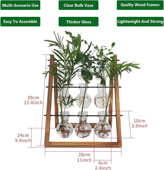 Plant Propagation Station Traveler's Glass Tabletop Planter with Vintage Wooden Stand 3 Bulb Vase for Hydroponic Plants Indoor Office Desktop Home Decor, Plant Stand (9 Bulbs)