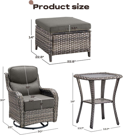 Wicker Outdoor Patio Furniture Set - 5 Piece Patio Conversation Sets with Swivel Rocker Chairs, Ottomans and Side Table, 6 inch Cushions, Waterproof Wicker, for Porch Deck Mixed Grey/Grey