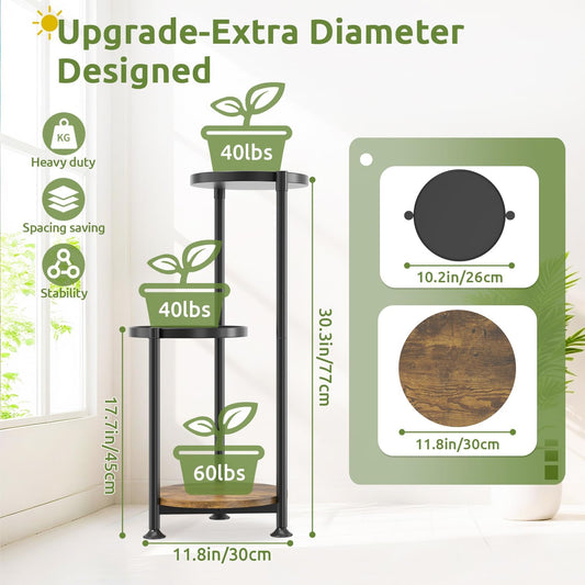3 Tier Plant Stand Indoor Outdoor, 10in Wide Metal Tiered Tall Flower Pot Holder Multiple Shelf, Large Heavy Duty Round Rack for Patio Garden Living Room Balcony Corner Bathroom Orchid,Modern Black