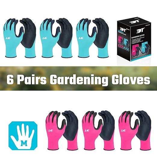 DT 6 Pairs Garden Gloves, Work Gloves with Latex Coating, Pink & Blue, Medium, for Gardening, Yard Work