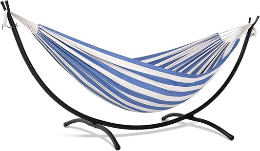 SUNCREAT Backyard Hammock with Frame, Hammock Frames for Outside, 475 lbs Capacity, Blue & White Stripes