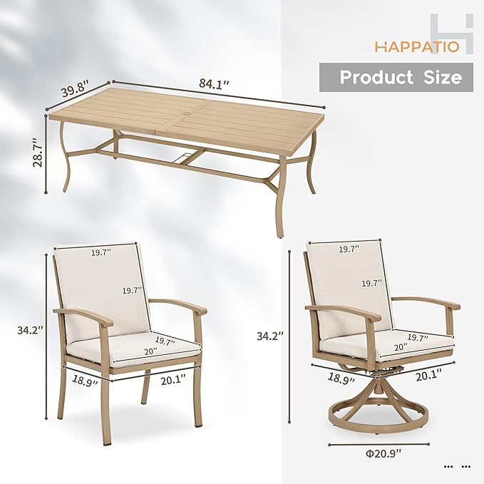 HAPPATIO Aluminum 9 Piece Patio Dining Sets, Outdoor Dining Set for 8, Patio Furniture Sets, 2 Swivel Dining Chairs, 6 Dining Chairs, Aluminum Furniture Set for Patio, Yard (Beige)