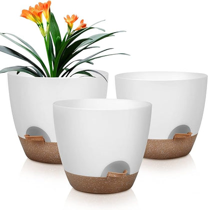 Plant Pots 10/9/8 Inch Self Watering Pots, Set of 3 Plastic Planters with Drainage Holes and Saucers,Plastic Flower Pots,Nursery Planting Pot for Indoor Out Door Plants（White）