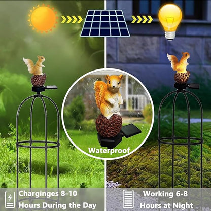 Metal Garden Obelisk Trellis for Climbing Plants Outdoor，Rose Round Trellis with Squirrel Head Auto Sensor Solar Light Rustproof Tomato Plant Support for Vines Cucumbers Tomato Cage,1 Pack