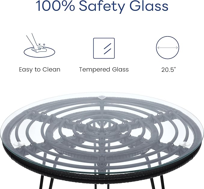 3 Piece Wicker Patio Bistro Furniture Set, Includes 2 Rattan Chairs and Glass Top Table, Ideal for Porch, Outdoor, Backyard, Apartment, Balcony, Black