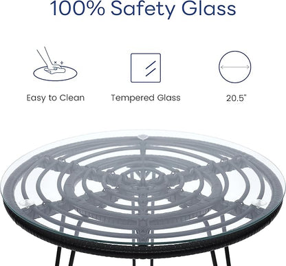 3 Piece Wicker Patio Bistro Furniture Set, Includes 2 Rattan Chairs and Glass Top Table, Ideal for Porch, Outdoor, Backyard, Apartment, Balcony, Black