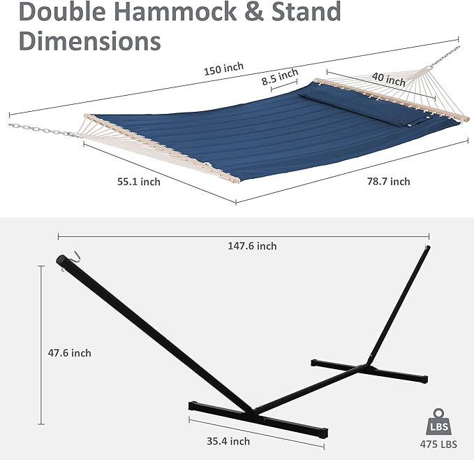 SUNCREAT Extra Large Hammocks for Outside, Heavy Duty Hammocks with Stands Included, Navy