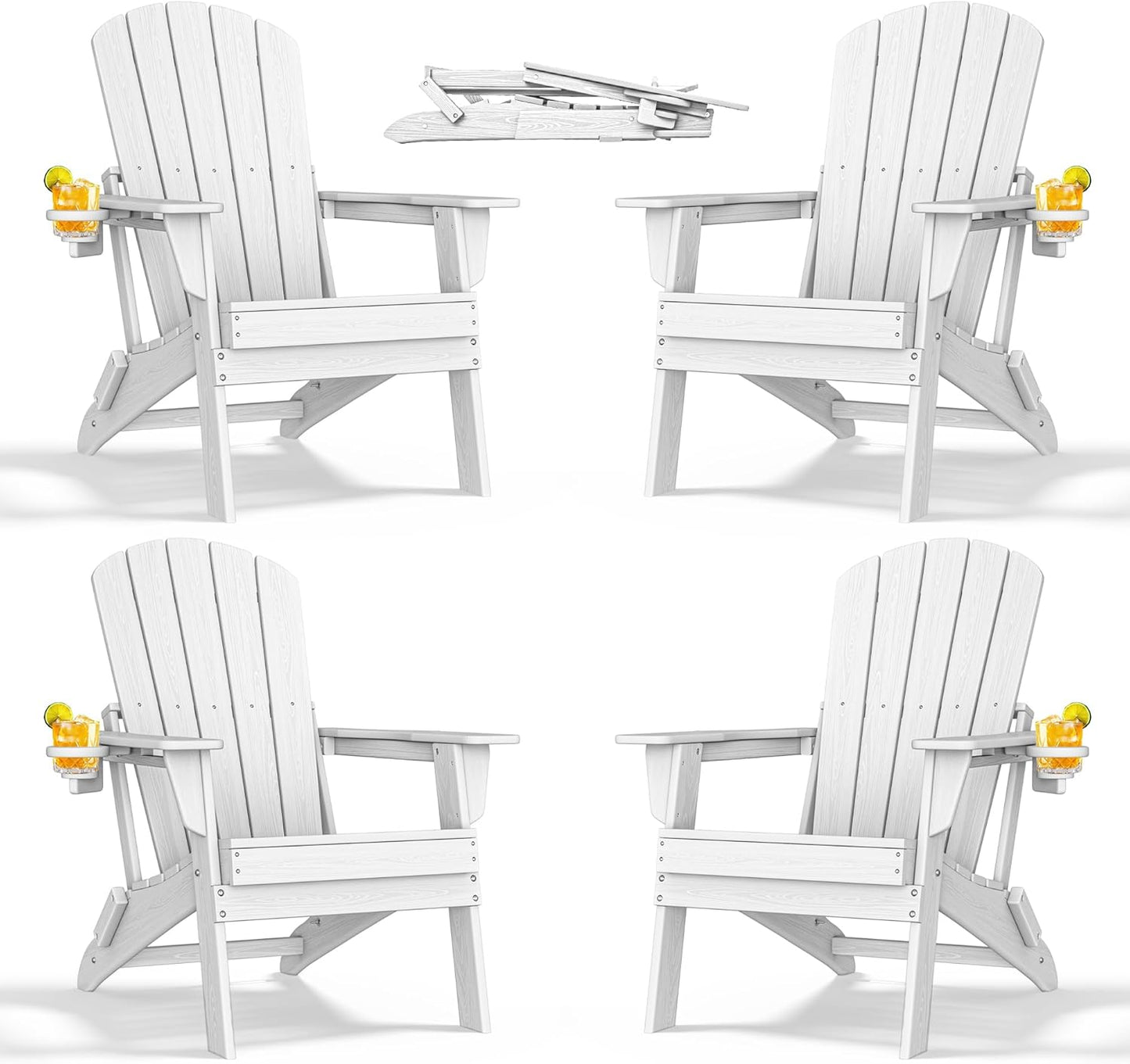 Folding Adirondack Chair - Extended Ergonomic Backrest, Cup Holder - Easy Assembly - Durable HDPE Plastic, Weather Resistant & Maintenance-Free - Lawn, Patio, Deck Supports 380lbs White
