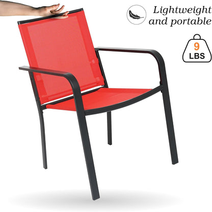 Anumutig 5-Piece Patio Dining Set, 35-Inch Square Table with 4 Stackable Chairs, Black Frame with Red Mesh, Outdoor Furniture