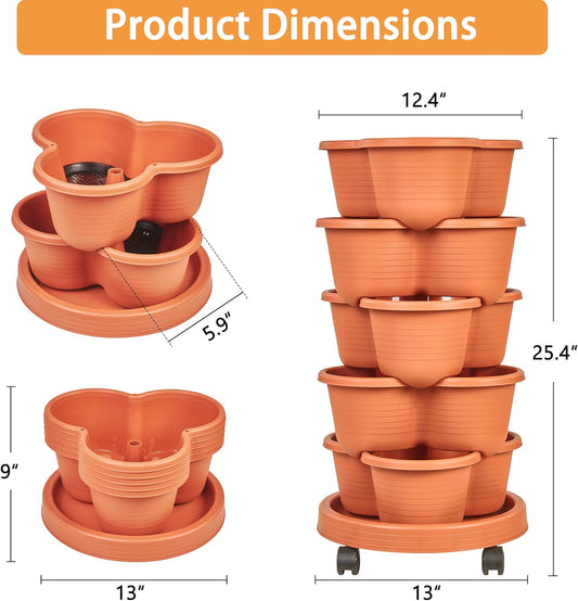 VECELO 5 Tier Vertical Garden Planter, Self Watering Stackable Planters with Wheels for Strawberries, Herbs, Flowers, Vegetables, Red