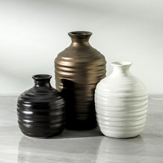Ceramic Vase Set of 3 Decorative Vase for Home Decor Modern Farmhouse Decor Pottery Neutral Vases for Living Room Bathroom Table Mantel Fireplace Entryway Shelf (02-Metallic)