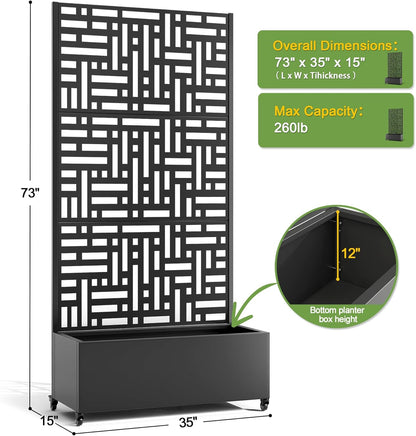 FENCY Metal Raised Garden Bed with Wheels and Trellis,73"x35"x16" Planter Box for Climbing Plants, Vegetables & Vines, Features Privacy Screen and Drainage Holes (Black-Geometric Lattice)