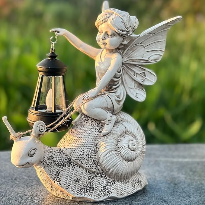 Solar Snail Statue Light, Outdoor Resin Solar Garden Sculpture, Fun Elf Riding Snail Fairy Tale Statue, Lawn, Patio Outdoor Unique Home Dcoration, Lady Gift!