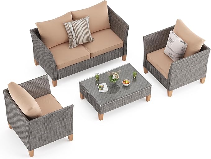 Soohow 5-Piece Patio Furniture Set, Outdoor Furniture with Coffee Table, Loveseat & 2 Single Chairs, 4-Inch Thickened Cushions with Water/Oil/Stain-Resistant Fabric (Beige Cushion + Gray Wicker)