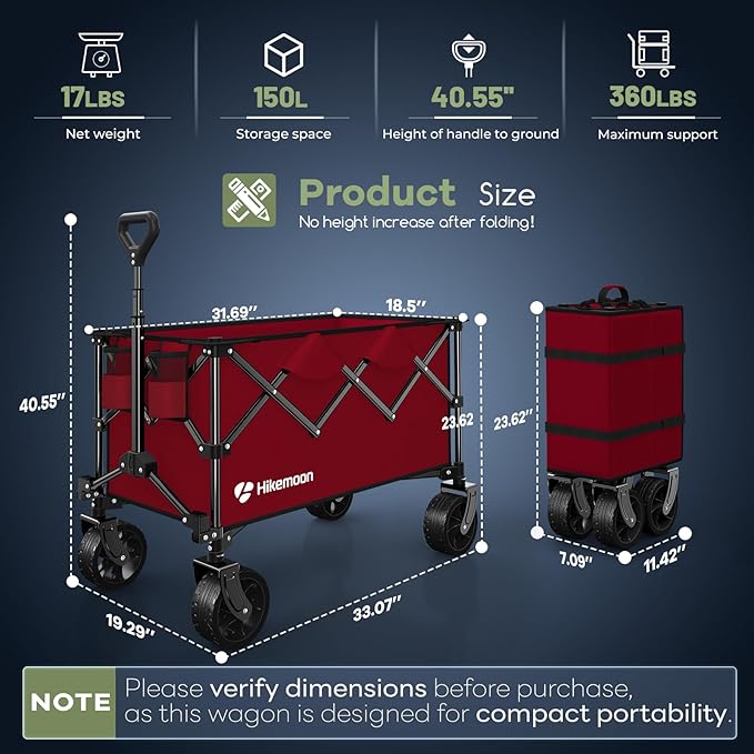 150L Collapsible Wagons Carts Foldable, 360LBS Heavy Duty Folding Beach Cart with Big All-Terrain Wheels, Portable Utility Wagon for Grocery, Shopping, Garden, Sports, Red