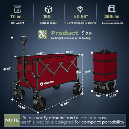 150L Collapsible Wagons Carts Foldable, 360LBS Heavy Duty Folding Beach Cart with Big All-Terrain Wheels, Portable Utility Wagon for Grocery, Shopping, Garden, Sports, Red