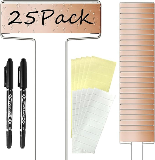 25PCS 10" Copper Metal Plant Tags Plant Labels with 50Pcs Labels, Rainproof PET Film & 2 Permanent Pen, Weatherproof Banner Garden Markers, Marking Protection Seedling Signs Nursery Tags