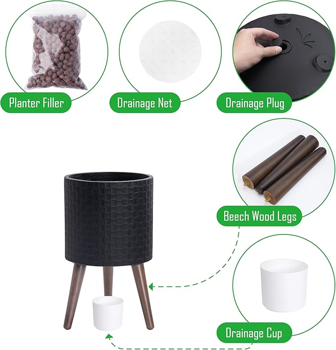 D'vine Dev 10 Inch Modern Geometric Tile Patterned Sleek Planter Pot with Stand, Indoor Outdoor Decorative Plant Holder, Matte Black, 88-Z-B-2