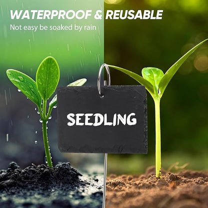 12 Sets Plant Labels Slate Plant Tags Garden Sign Marker Weatherproof Reusable Natural Slate Garden Sign Hanging Tag with Metal Stake and Pen for Outdoor Flower Vegetable(Rectangle)