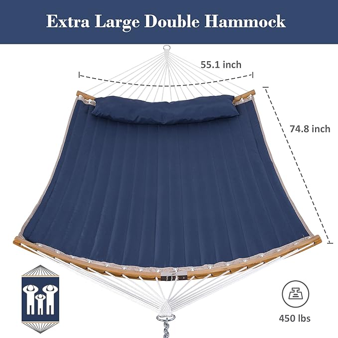 SUNCREAT Hammocks Standing Backyard Hammock with Stand, 2 Person Heavy Duty Hammock with 13.5 ft Wooden Stand, Navy