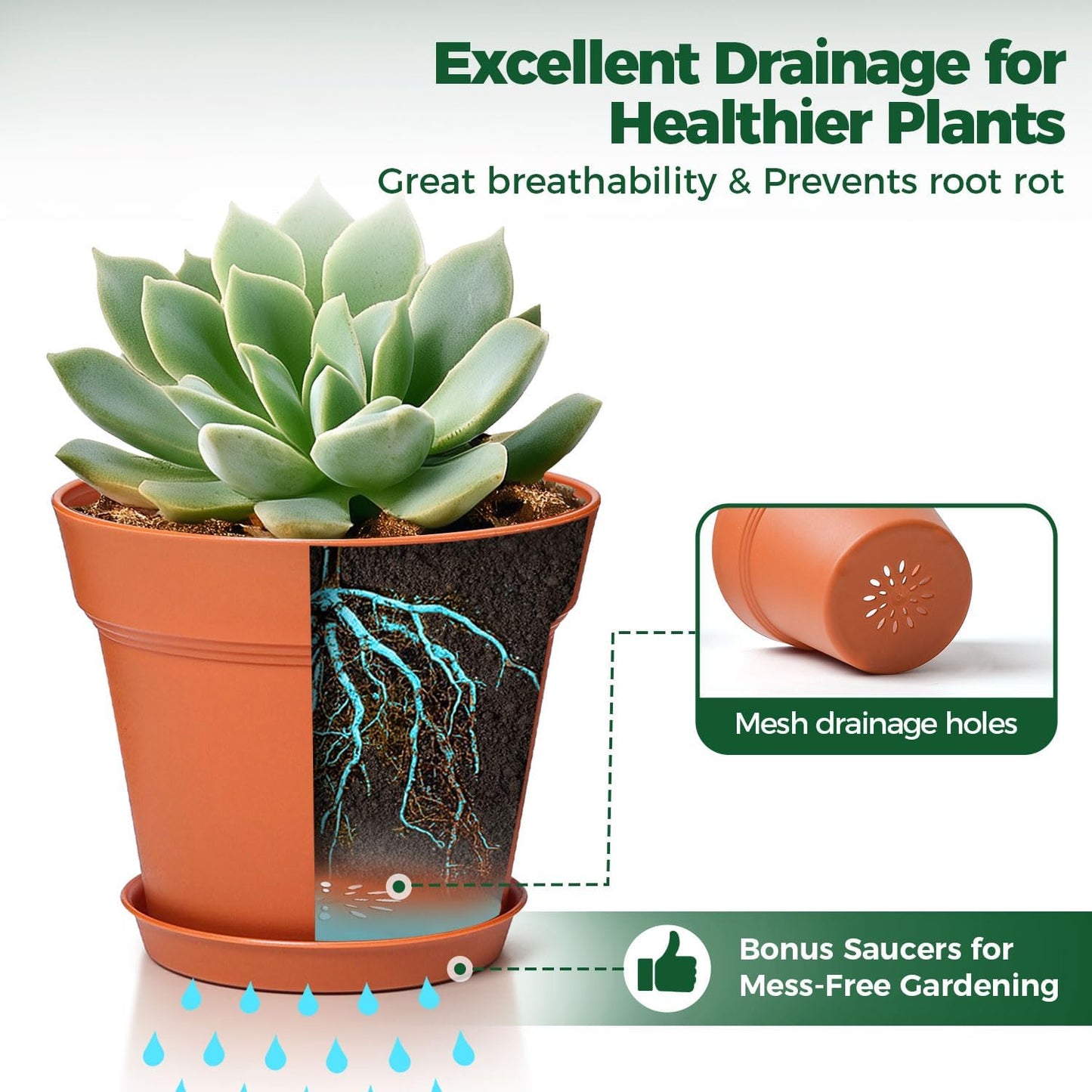 T4U 7.5 Inch Plant Pots 6 Pcs, Flower Pots for Plants, Plastic Planter Pots for Indoor Plants with Drainage Holes and Saucer (6 Pcs, 7.5")