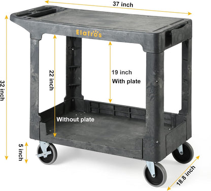 ELAFROS Heavy Duty Plastic Utility Cart Flat top 37 x 18.8 Inch - Work Cart Flat Shelves and Full Swivel Wheels Safely Holds up to 550 lbs - 2 Tier Service Cart for Warehouse,Garage, Cleaning Gray