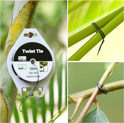 328ft (100m) Twist Ties, Plant Ties for Vines Garden Wire with Cutter for Gardening Home Office, Multi-Function Black Plastic Coated Wire