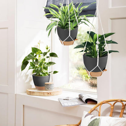 41.5 Inch Macrame Plant Hanger Indoor Outdoor with 12 Inch Flower Pot, Hanging Planter for Plants Holder with Wood Beads for Boho Home Decor (Ivory+Black)