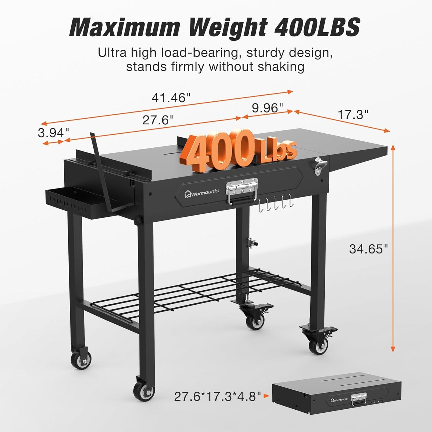 Grill Table for Outside, Portable Folding Grill Cart with Wheels and Adjustable Tabletop, 400 Lbs Weight Capacity, Movable Griddle Stand Fit 17'' or 22'' for Camping, BBQ, Cooking
