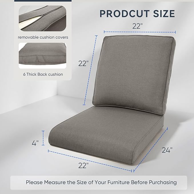 Patio Chair Cushions 4 Packs - Outside High Back Thick Water-Resistant Cushion 22x24 with Zipper Cover for Outdoor Glider Rocking Chairs Loveseat Couch – Grey/Regular