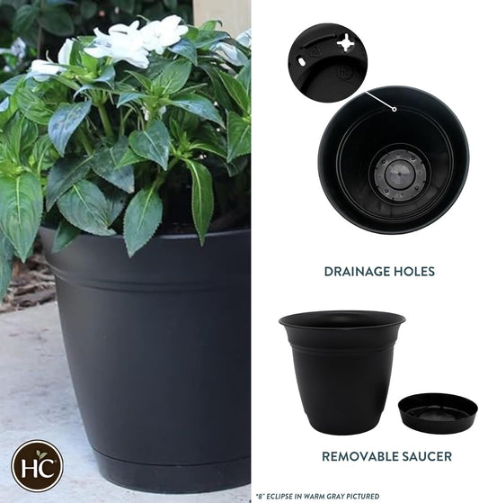 The HC Companies Eclipse Round Planter with Saucer - Outdoor & Indoor Plant Pot with Drainage Holes - Lightweight, UV-Resistant Plastic Pots for Plants, Flowers & Herbs (20" Black, Pack of 1)