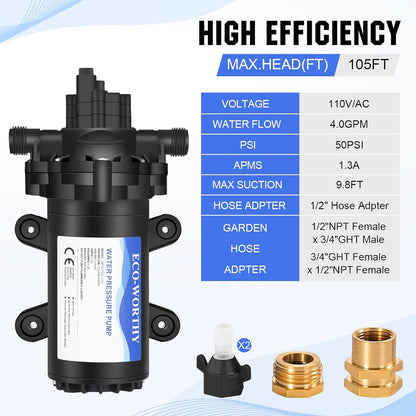 ECO-WORTHY 33-Series Industrial Water Pressure Pump 110V AC 4.0GPM 50PSI RV Fresh Water Diaphragm Pump include Garden Hose Adapters for Irrigation Marine Boat Sprinkler Faucet