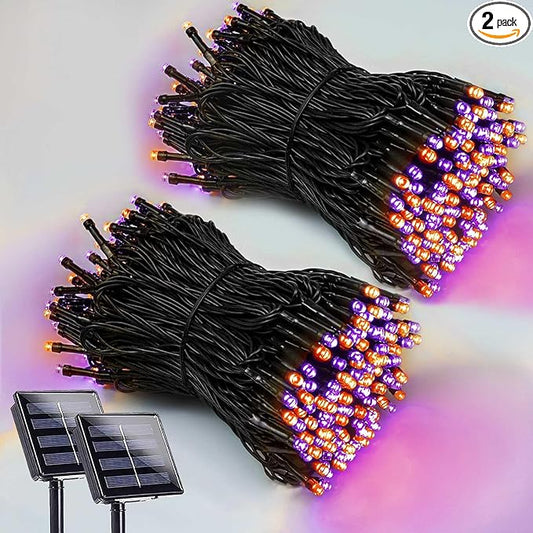 2 Pack 200 LED Solar Halloween Lights Outdoor Waterproof, Solar String Lights for Outside, Solar Tree Light with 8 Lighting Modes for Xmas Party Garden Yard Halloween Decorations (Orange and Purple)